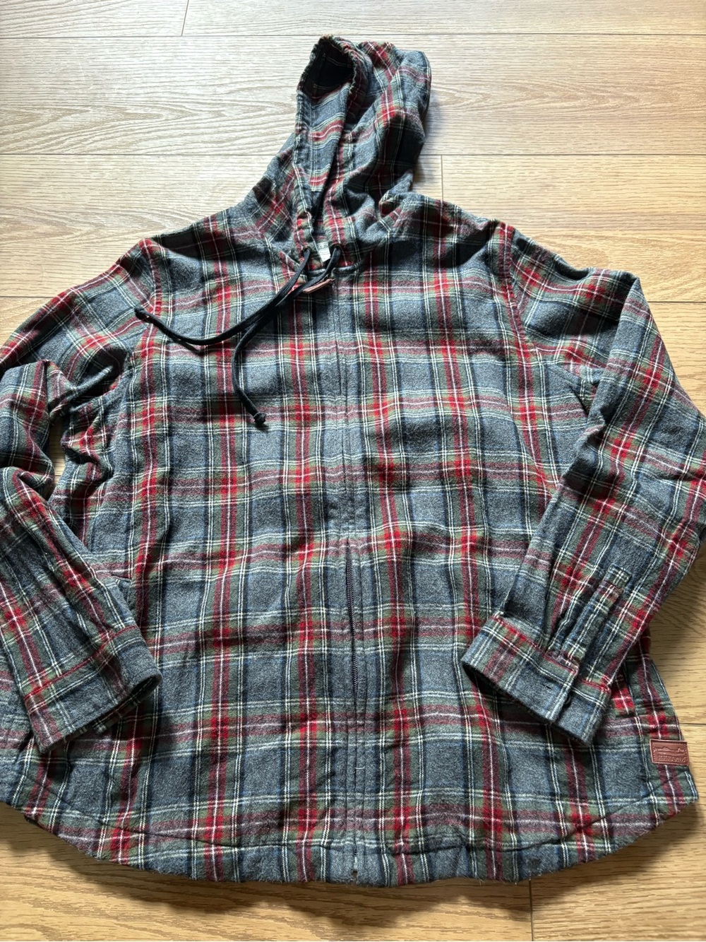 L.L. BEAN Scotch Plaid Flannel Shirt Relaxed Zip Hoodie Gray Red Women’s XL